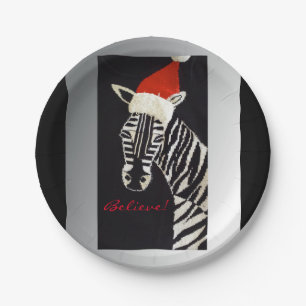 Believe! Christmas Zebra with Red Santa Hat Paper Plate