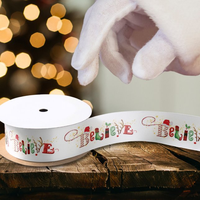 BELIEVE Cute Santa Typography Christmas Satin Ribbon (Creator Uploaded)