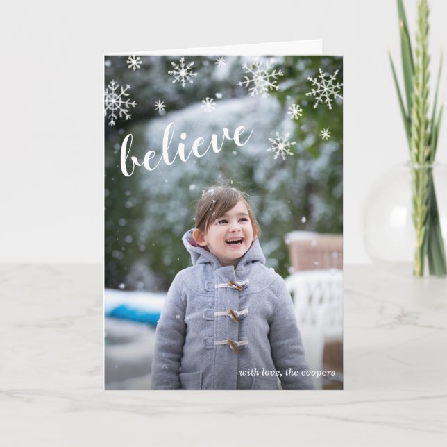 Believe Cute Snowflakes Simple Photo Christmas Holiday Card (Front)