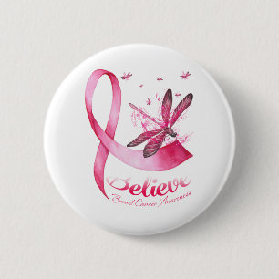 Believe Dragonfly Pink Ribbon Breast Cancer 2 Inch Round Button