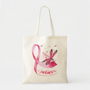 Believe Dragonfly Pink Ribbon Breast Cancer Tote Bag