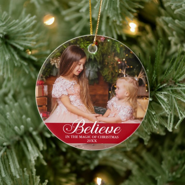 Believe Elegant Calligraphy Family Photo Red Ceramic Ornament (Tree)