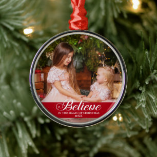 Believe Elegant Calligraphy Family Photo Red Metal Ornament