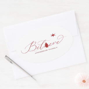 believe elegant script decorative holiday envelope oval sticker