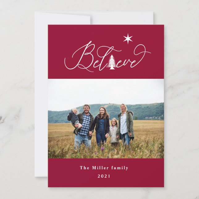 Believe elegant script holiday photo card (Front)