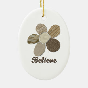 BELIEVE Fabric Flower Collage Ceramic Ornament