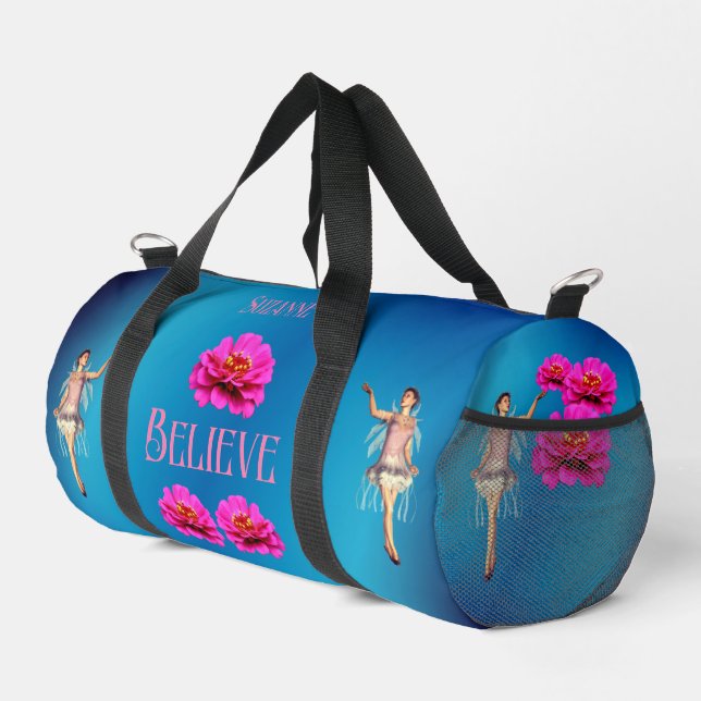 Believe Fairy And Pink Flowers Inspirational Duffle Bag (Right Corner)