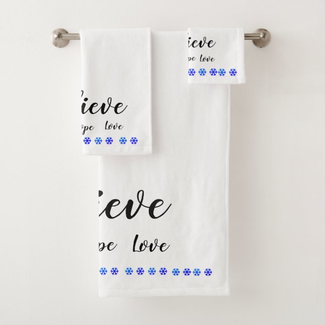 Believe Faith Hope Love Blue Snowflake Bath Towel Set (Insitu)