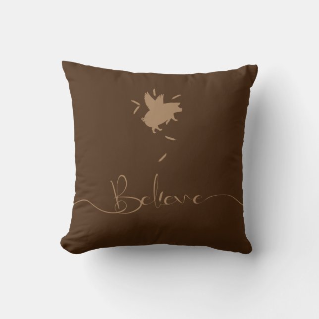 Believe-Falling Pig Feathers Throw Pillow (Front)