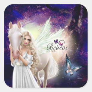 Believe Fantasy Fairy Angel with White Horse Square Sticker