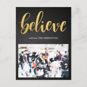 Believe Faux Gold Script Chalkboard Photo Postcard