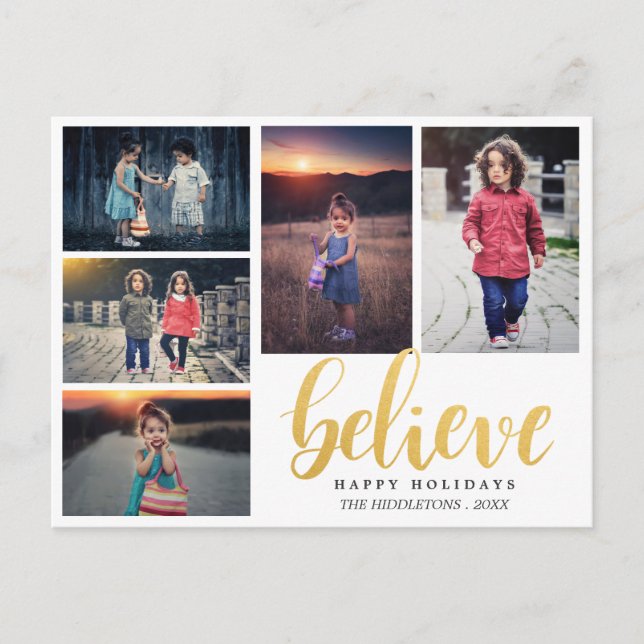 Believe Faux Gold Typography Holiday Five Photos Postcard (Front)