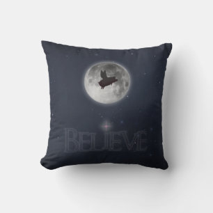 Believe-Flying Pig across full moon Throw Pillow