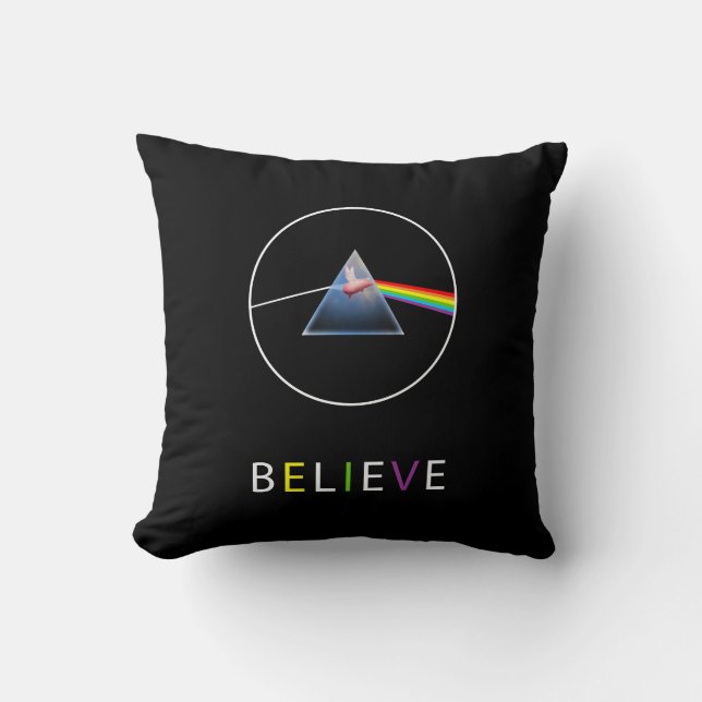 BELIEVE-Flying Pig in Prism Throw Pillow (Front)