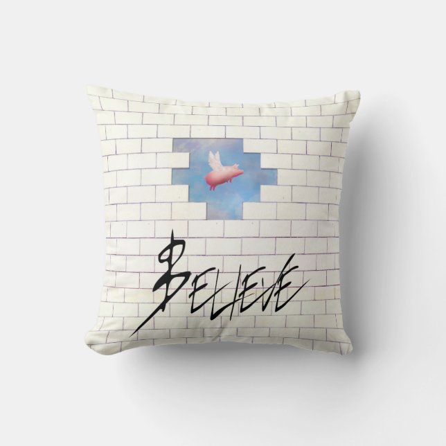 believe-flying pig through wall pillow (Front)