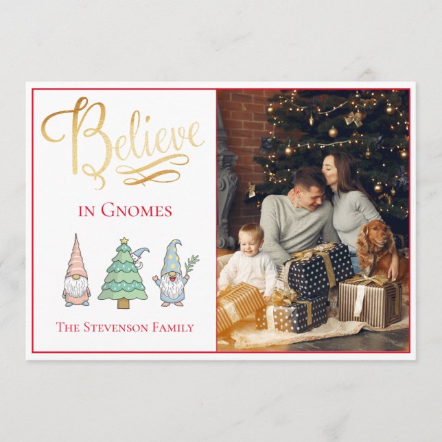 Believe Gnomes Gold Script Photo Glitter Holiday (Front)