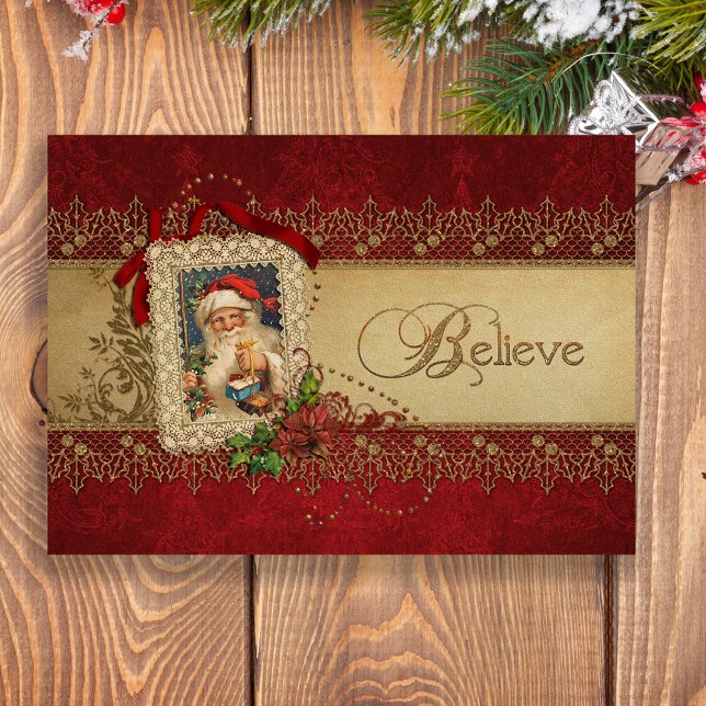 Believe Gold and Red Damask Vintage Christmas Holiday Card (Creator Uploaded)