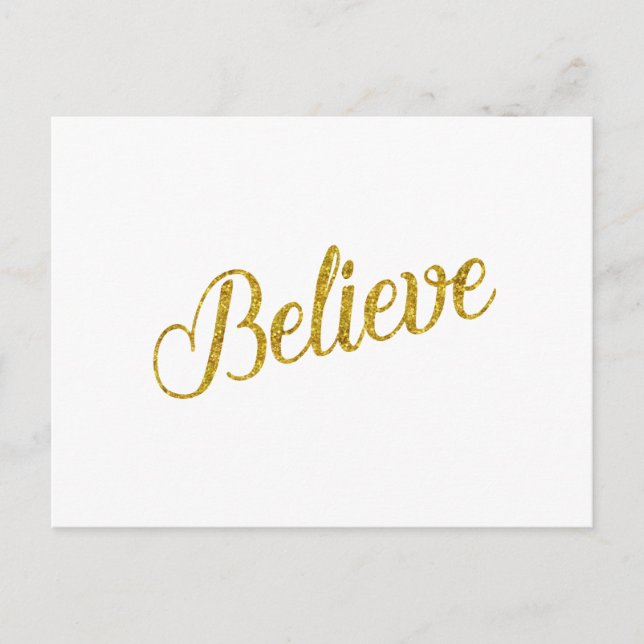 Believe Gold Faux Glitter Metallic Inspirational Postcard (Front)