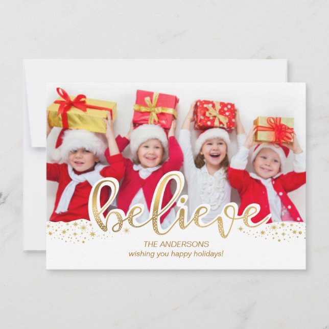 Believe Gold Foil Effect Christmas Holiday Photo (Front)