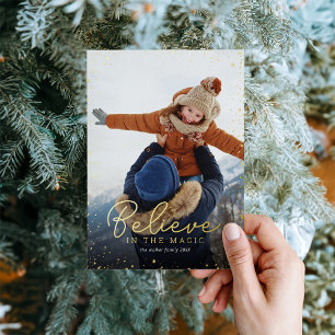 Believe Gold Glitz Photo Overlay Foil Holiday Card