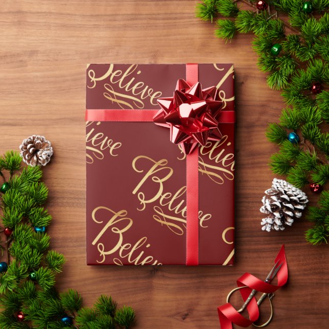 Believe Gold Red Christmas Holiday Elegant Script Wrapping Paper (Holiday Gift)