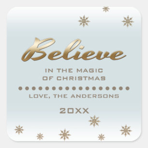 Believe. Gold Script and Snowflakes Christmas Square Sticker