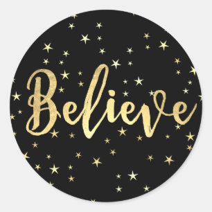 Believe Gold Stars Christmas Classic Round Sticker
