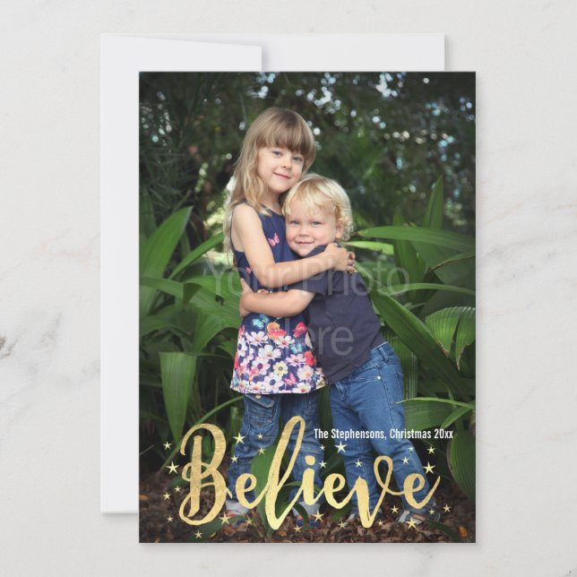 Believe Gold Writing Christmas Photo Greeting Card (Front)