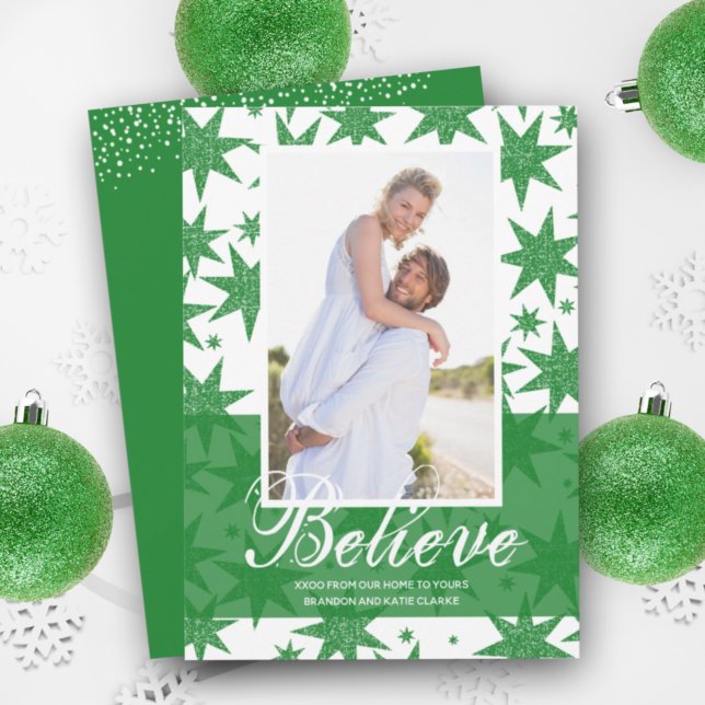 Believe Green Glitter Stars Christmas Photo Holiday Card (Creator Uploaded)