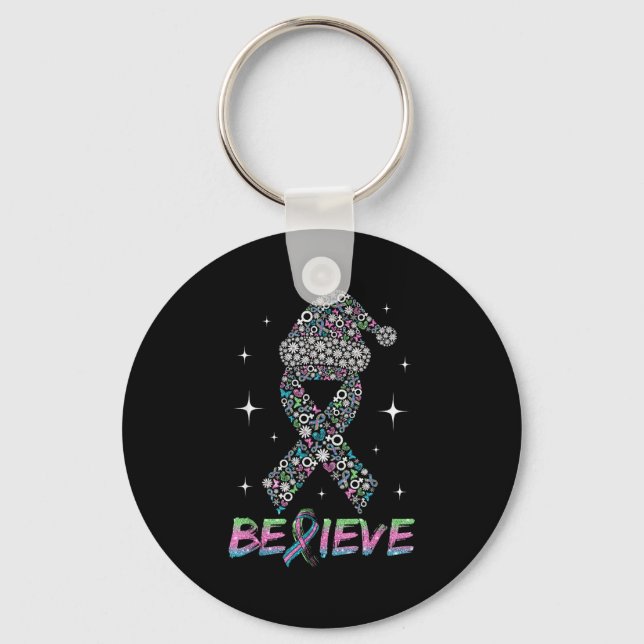 Believe Green Teal Nk Ribbon Xmas Metastatic Breas Keychain (Front)