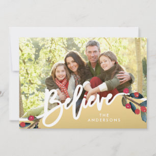 Believe Hand Lettered Berries Gold Holiday Photo