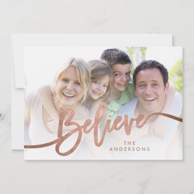 Believe Hand Lettered Rose Gold Holiday Photo (Front)