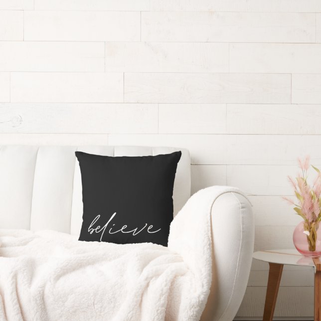 Believe Handwritten Script Minimalist Black Throw Pillow (Couch)