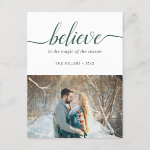 Believe Holiday Green Handwritten Font White Photo Postcard