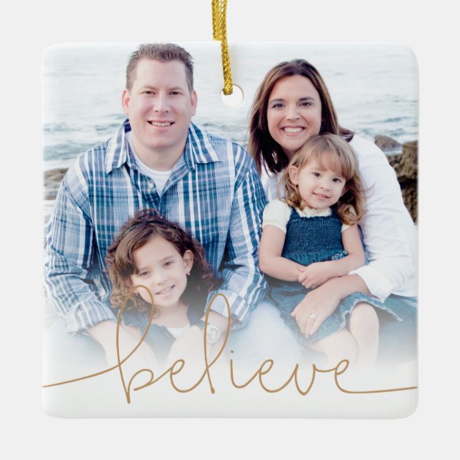 Believe Holiday Photo Keepsake Ceramic Ornament (Front)