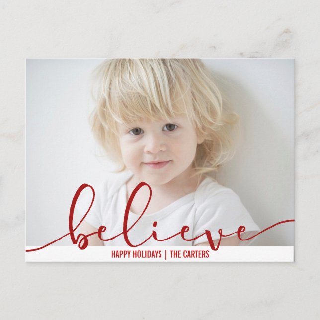 Believe HOLIDAY red Hand Letter Script PHOTO (Front)