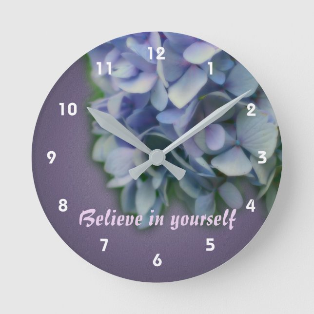 Believe Hydrangea Inspirational Round Clock (Front)