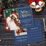 Believe in Christmas magic 2 family photos blue Foil Holiday Postcard<br><div class="desc">Modern holiday greeting postcard featuring one of your favourite Christmas family portraits on the left complemented by a real gold foil frame and wording that reads "Believe in the magic of Christmas" on the right over a classic blue background, customizable with your own greeting message. The back of the postcard...</div>