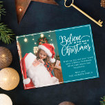 Believe in Christmas magic 2 family photos teal Holiday Card<br><div class="desc">Modern holiday greeting card featuring one of your favourite Christmas family portraits on the left complemented by the words "Believe in the magic of Christmas" on the right over a modern teal background, customizable with your own greeting message. You can upload one more picture on the reverse of the card....</div>