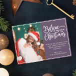 Believe in Christmas magic 2 family photos violet Holiday Card<br><div class="desc">Modern holiday greeting card featuring one of your favourite Christmas family portraits on the left complemented by the words "Believe in the magic of Christmas" on the right over a modern violet background, customizable with your own greeting message. You can upload one more picture on the reverse of the card....</div>