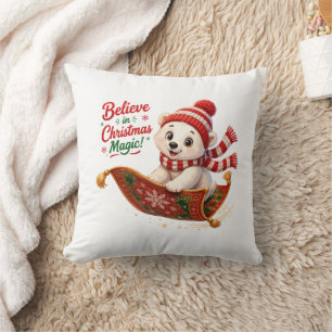 Believe in Christmas Magic Polar Bear Throw Pillow