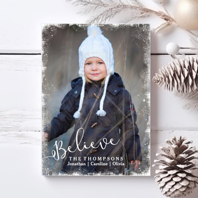 Believe in Christmas Rustic Snow Holiday Photo Card (Creator Uploaded)