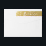 Believe in Christmas Vintage Gold Snowy Wrap Around Label<br><div class="desc">Show the world that you BELIEVE in the magic of Christmas!  A beautiful wrap around return address label featuring the word believe in a hand-lettered whimsical font surrounded by a snowy winter border and set against a vintage faux gold printed background.  Add you name and address to personalize.</div>