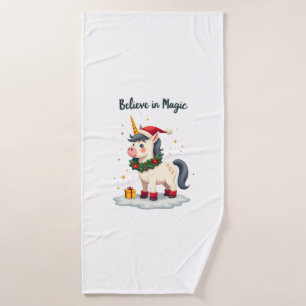Believe in Magic Festive Unicorn wearing a Christm Bath Towel
