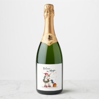 Believe in Magic Festive Unicorn wearing a Christm Sparkling Wine Label