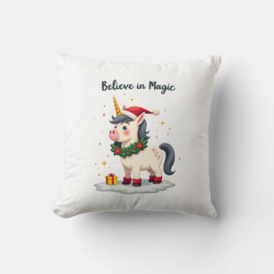 Believe in Magic Festive Unicorn wearing a Christm Throw Pillow