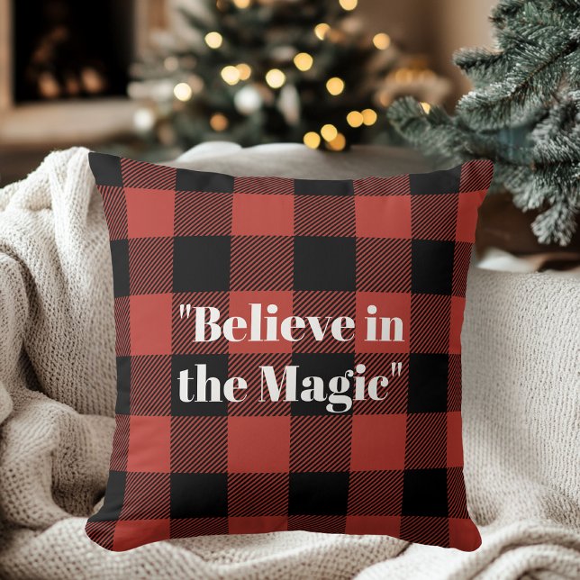 "Believe in Magic Red Buffalo Plaid Christmas  Throw Pillow (Creator Uploaded)
