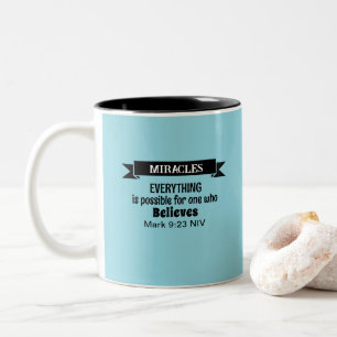 Believe in Miracles Bible Verse Light Blue Two-Tone Coffee Mug