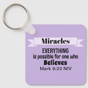 Believe in Miracles Bible Verse Purple Christian Keychain