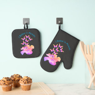 Believe In Miracles Hibiscus Flower Butterflies  Oven Mitt & Pot Holder Set